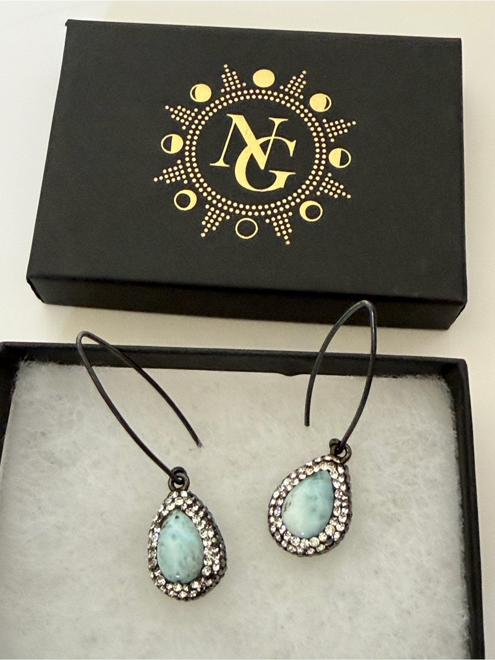 Native Gem Teardrop Larimar Halo V hook Earrings